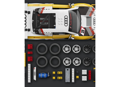 Mattel Brick Shop Hot Wheels Audi R8 LMS 820-piece building toy kit with white, red, and yellow race car model and ac...