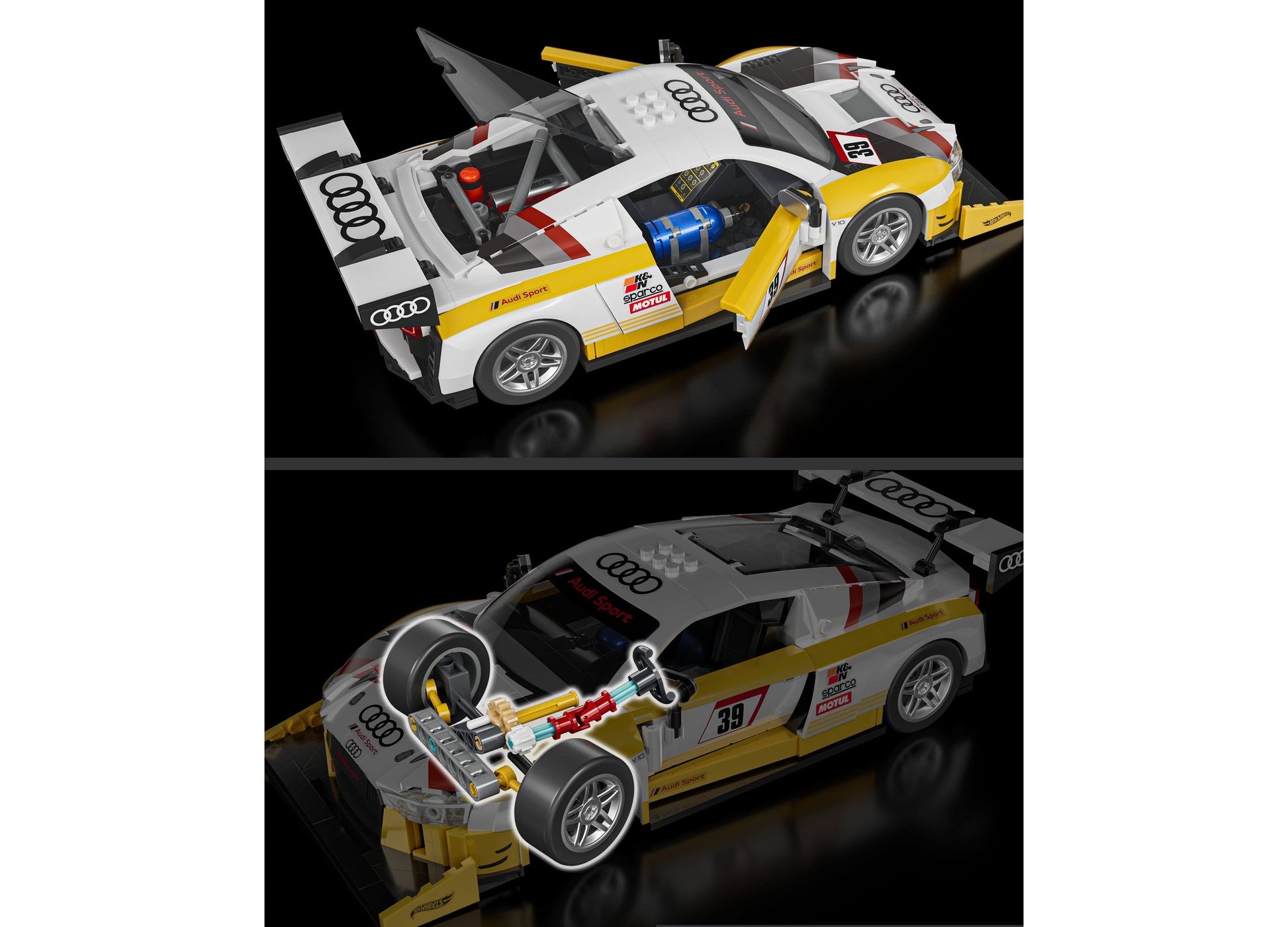 Mattel Hot Wheels Audi R8 LMS 820-piece building toy kit with white, yellow and red race car model