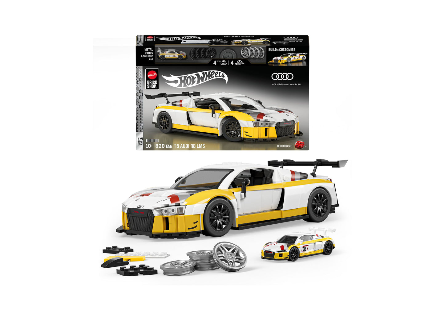 Mattel Hot Wheels Brick Shop Audi R8 LMS 820-piece building set with yellow and white car, wheels, and accessories
