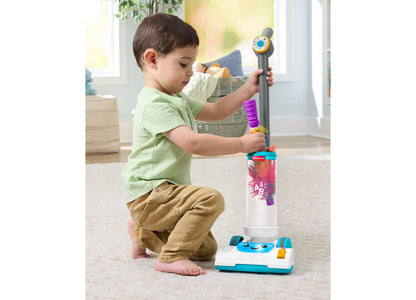 Fisher-Price Laugh & Learn 2-in-1 Vacuum learning toy with toddler playing, featuring purple handle and colorful base