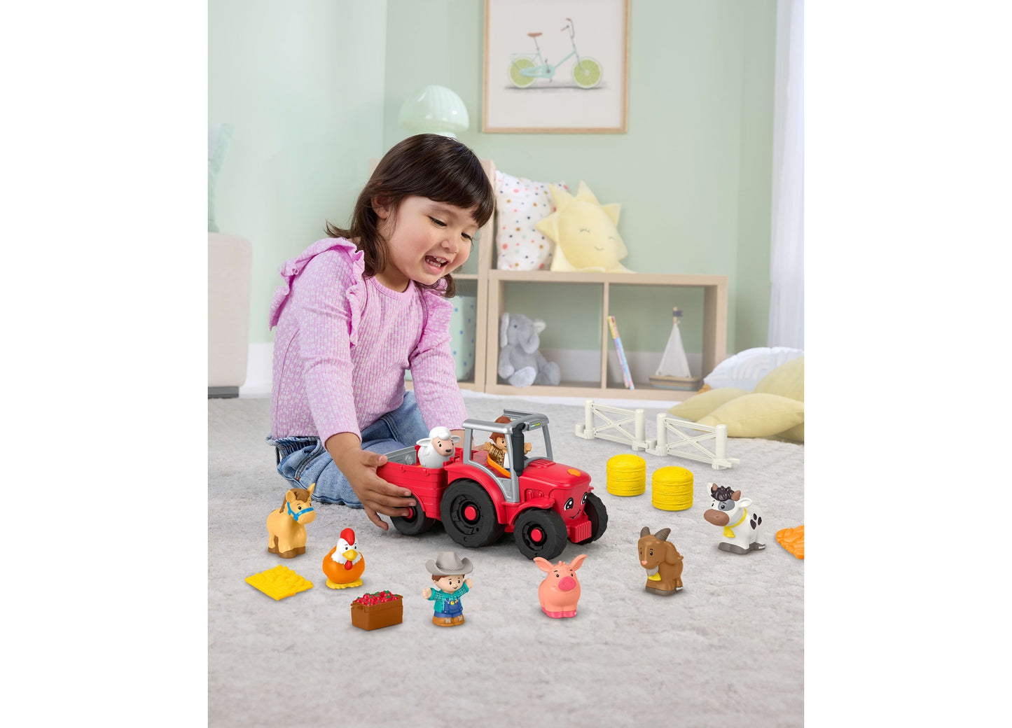 Fisher Price Little People tractor playset with red farm vehicle, figures, and accessories