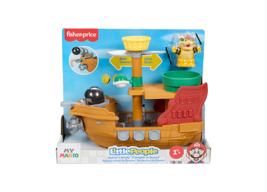 Fisher-Price Little People Bowser's Airship playset with wooden ship, spinning scale, yellow Bowser figure, black cannon, and green landing pad