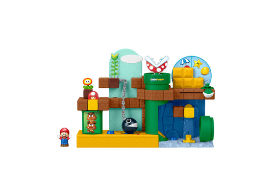 Little People My Mario Adventure playset with brown brick base, green and blue structures, yellow platforms, pipe elements, and included character figures on wh