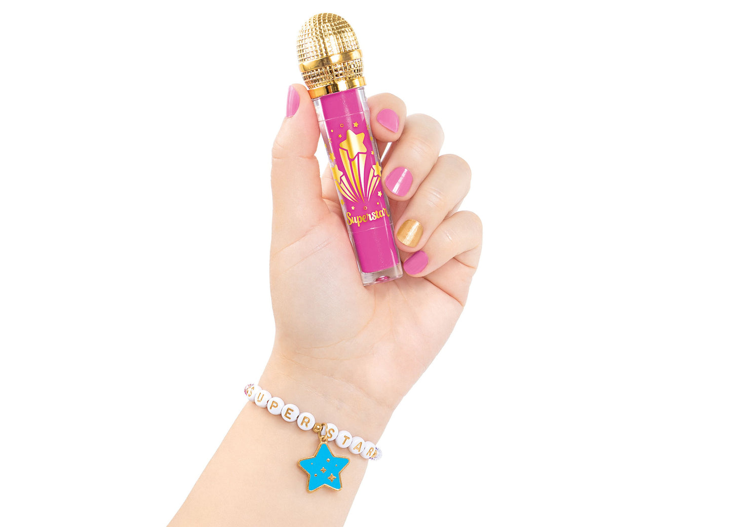 Make It Real Backstage Glam pink microphone toy with gold details and matching bracelet