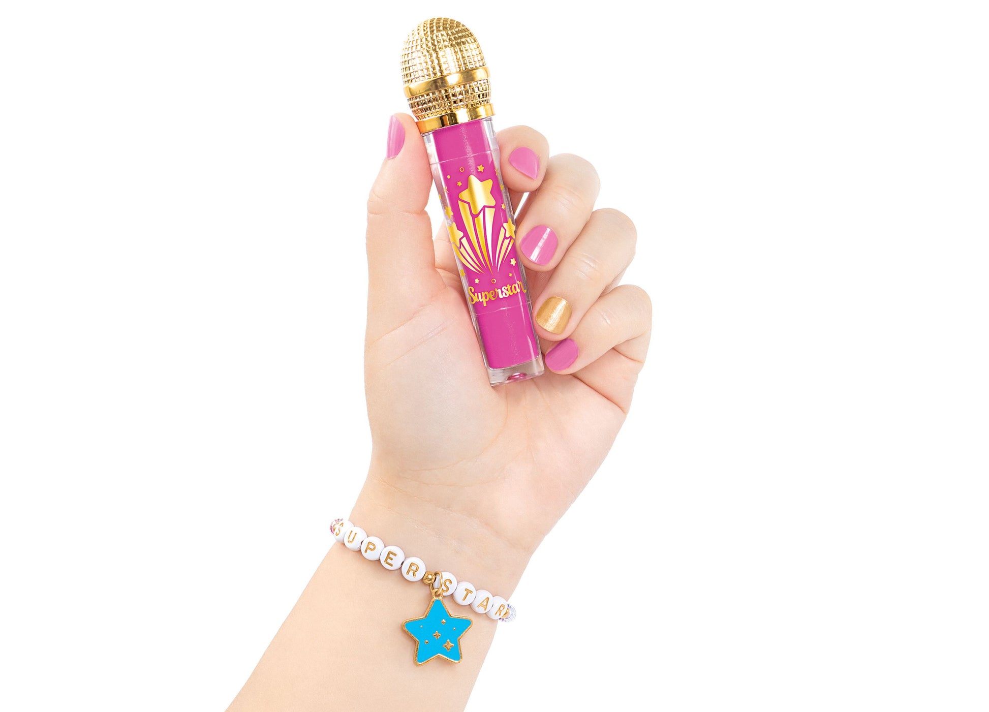 Make It Real Backstage Glam pink microphone toy with gold details and matching bracelet