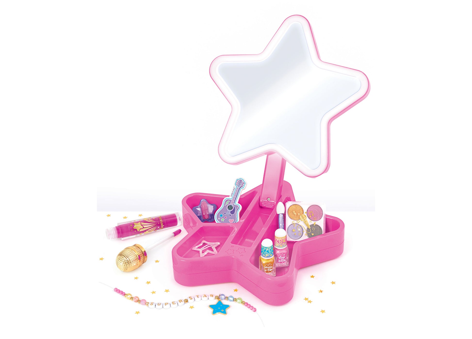 Make It Real Backstage Glam Cosmetic Studio Kit with pink star-shaped case and accessories