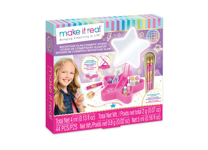 Make It Real Backstage Glam Cosmetic Studio pink playset with light-up mirror and accessories