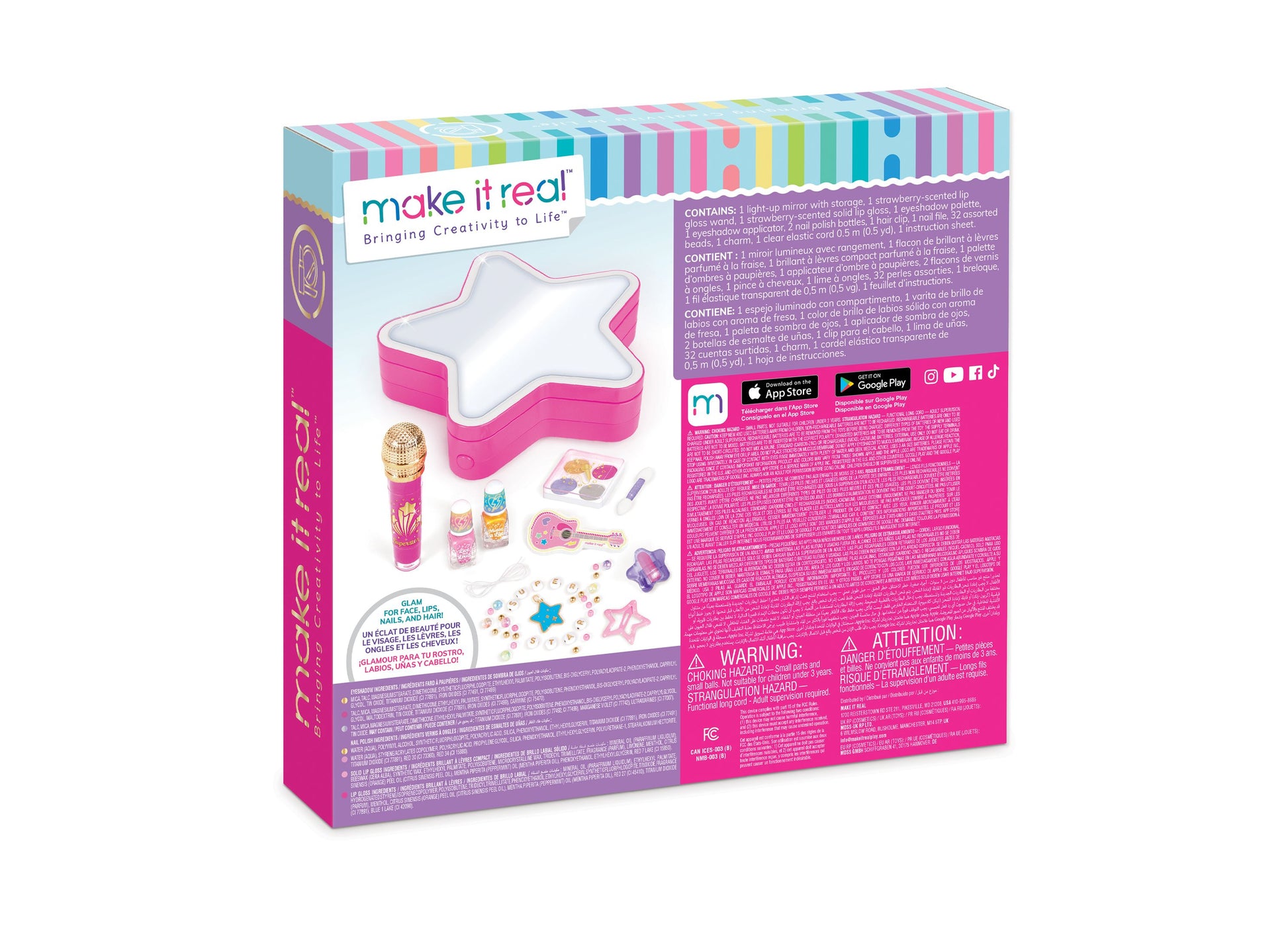 Make It Real Backstage Glam Cosmetic Studio Kit with pink star-shaped mirror and beauty accessories