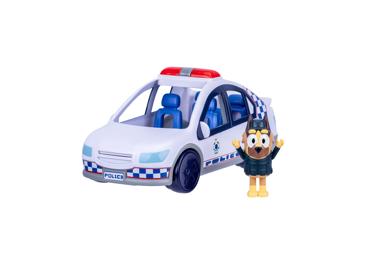 Bluey Police Car with Police Man S14 toy set featuring white and blue police vehicle