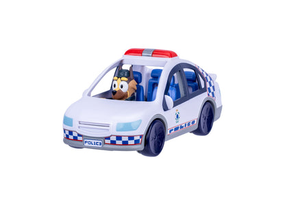 Bluey Police Car with Police Man S14 toy featuring white and blue police vehicle with red siren light