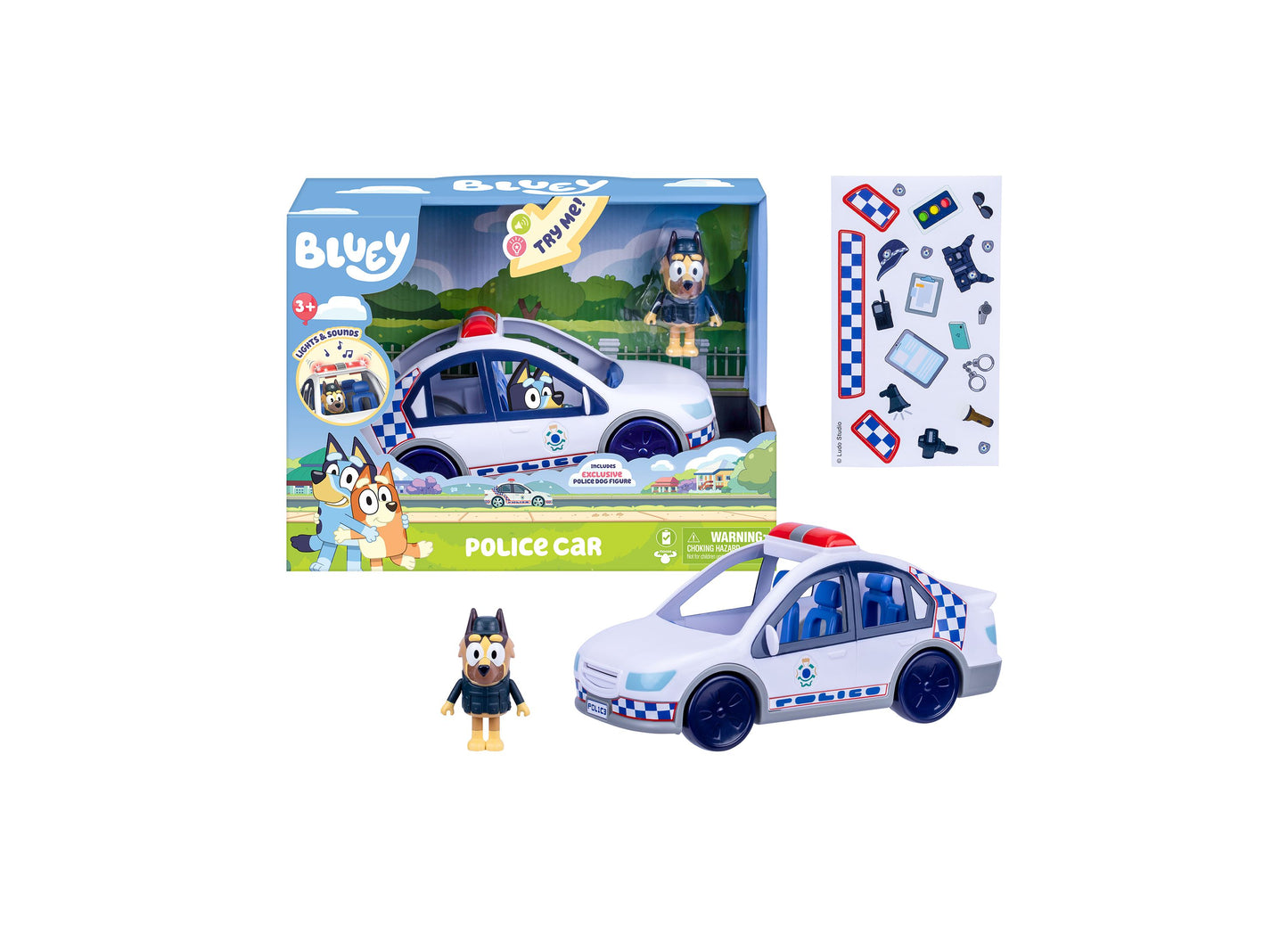 Bluey Police Car with Police Officer figure, white and blue toy vehicle with opening doors