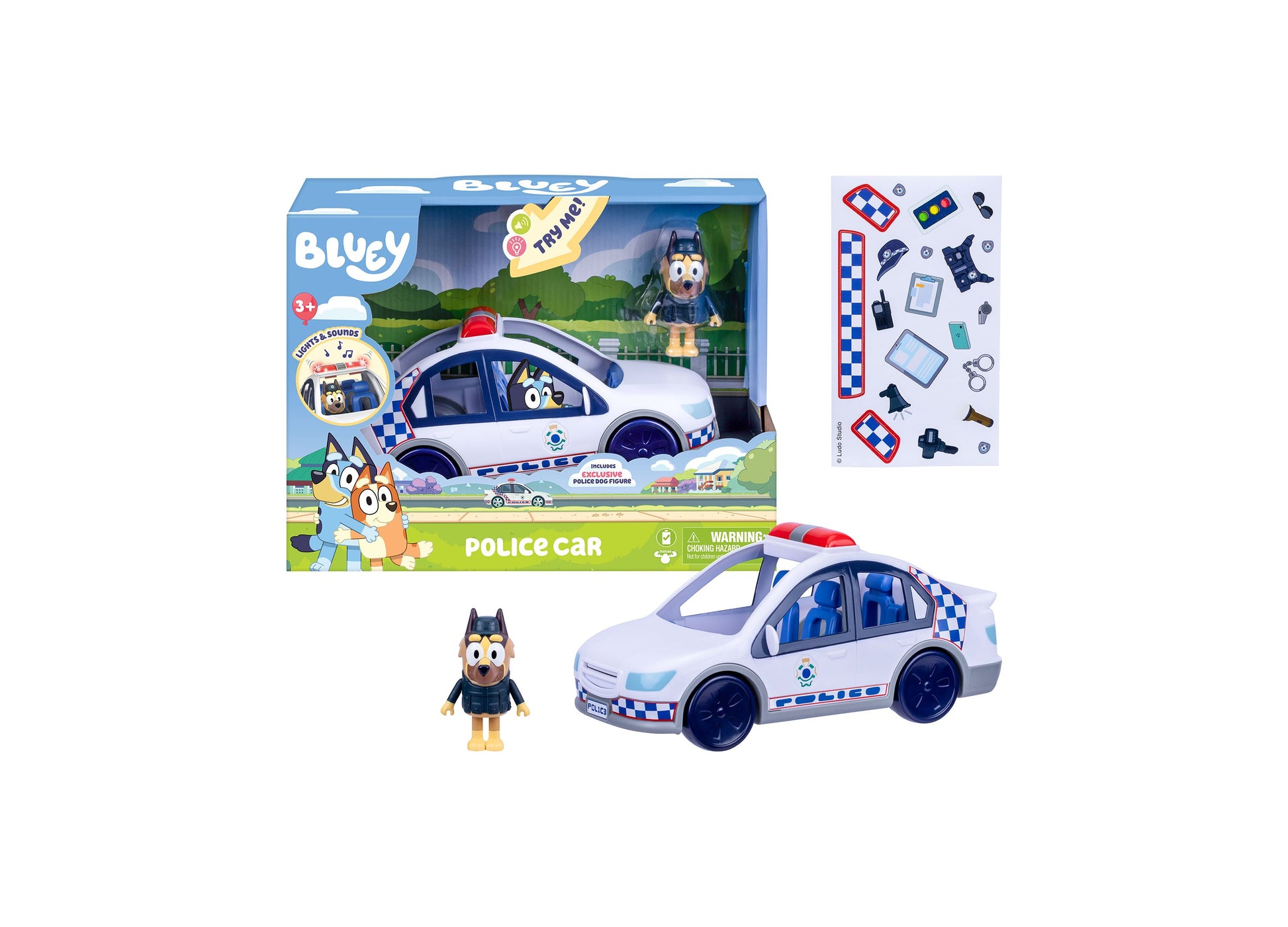Bluey Police Car with Police Officer figure, white and blue toy vehicle with opening doors