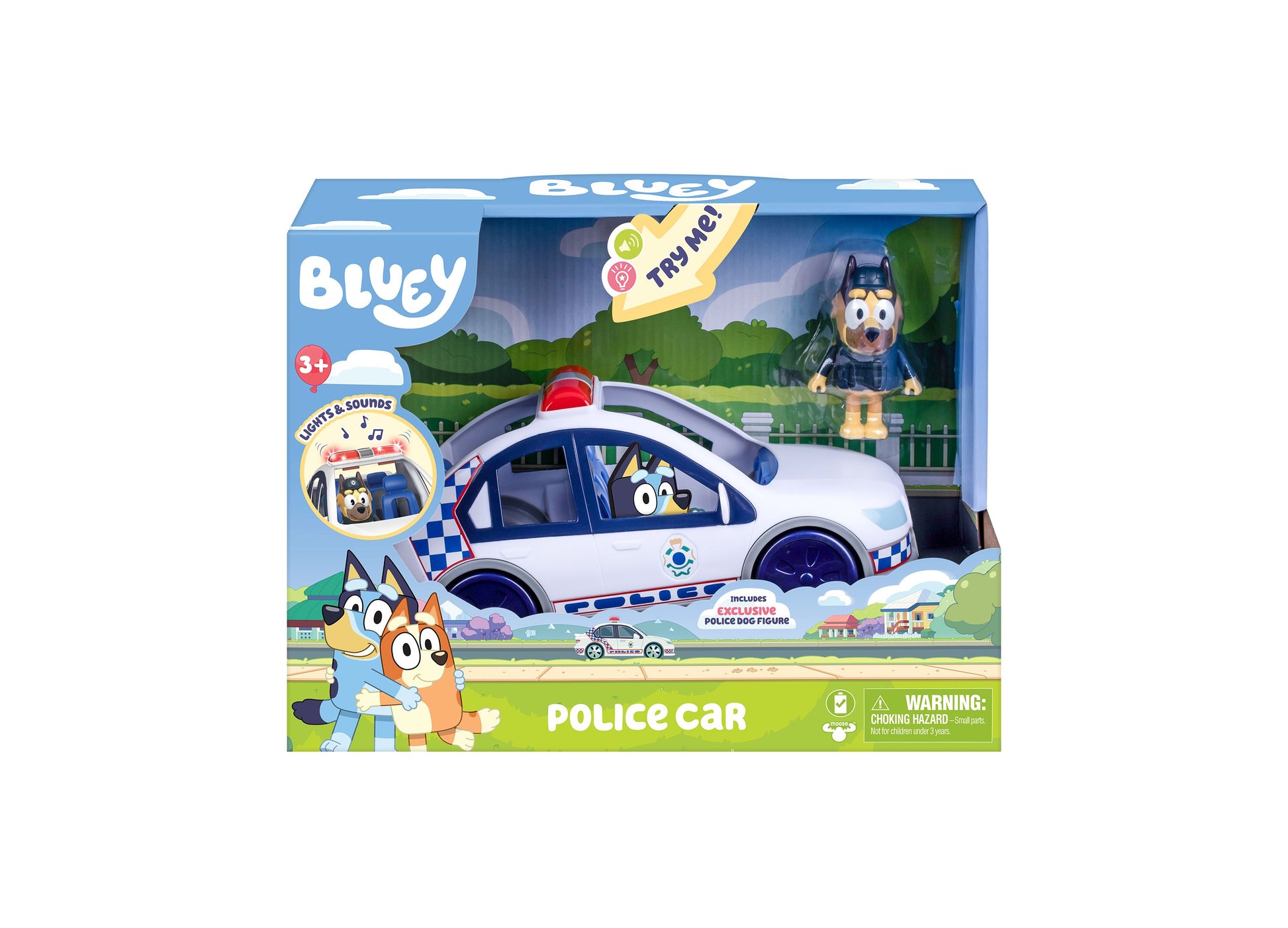 Bluey Police Car with exclusive police dog figure, white and blue vehicle with lights and sounds