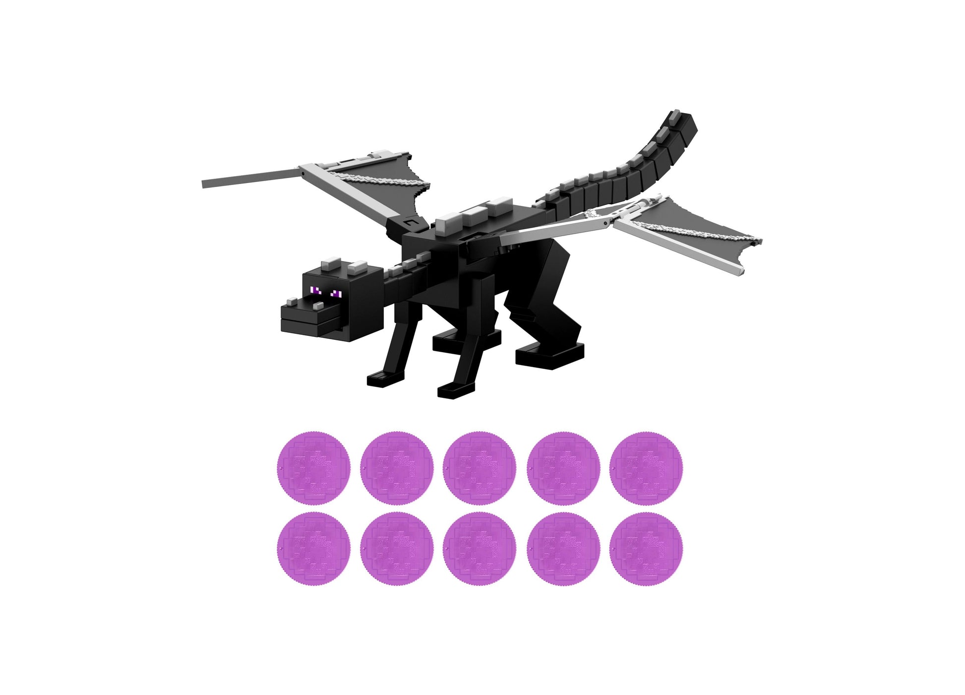 Minecraft Ender Dragon action figure with black body, purple eyes, and gray wings displayed with 10 purple amethyst b...