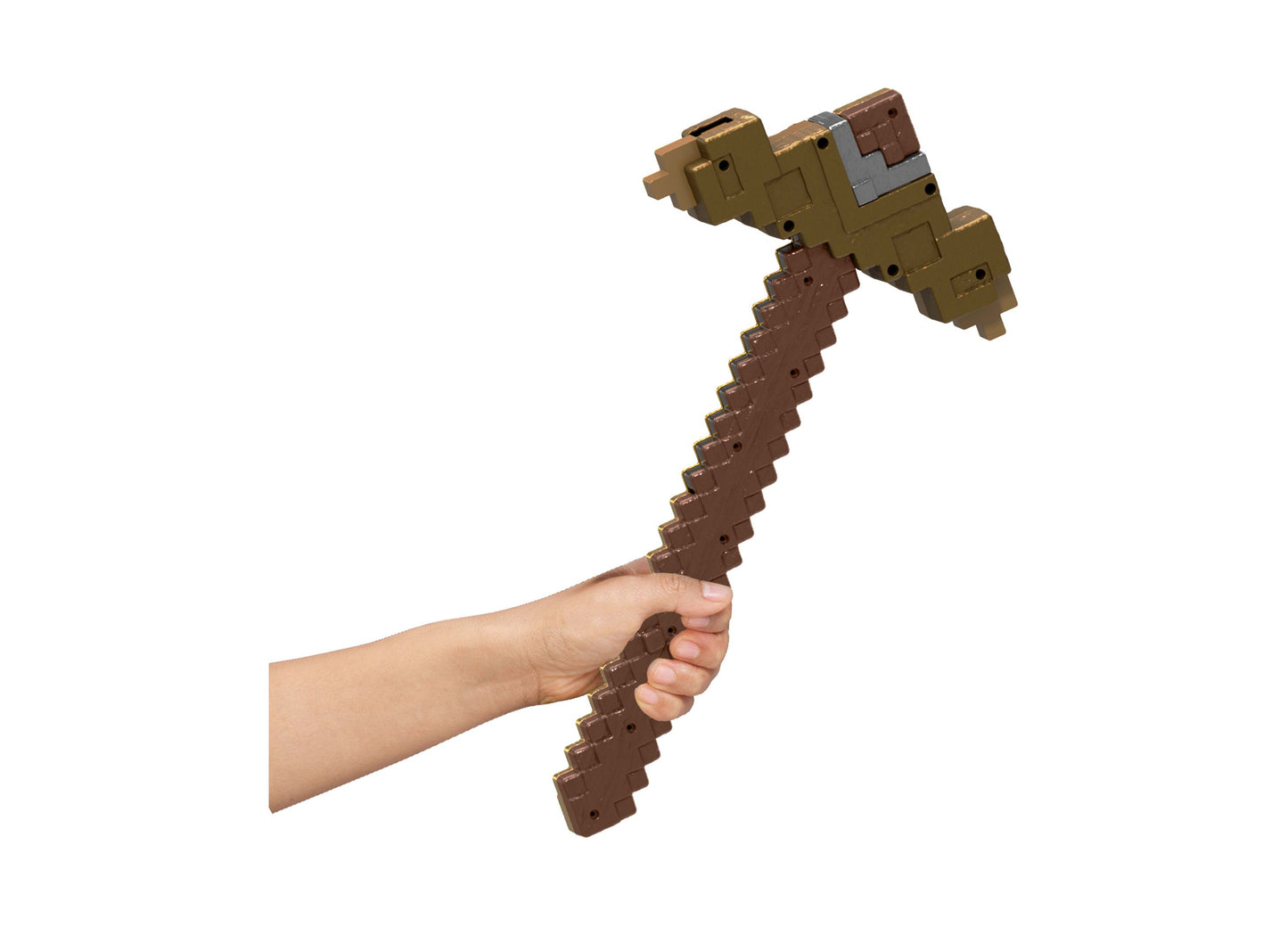 Minecraft Click and Switch 2-in-1 Sword and Pickaxe toy in brown, held in hand