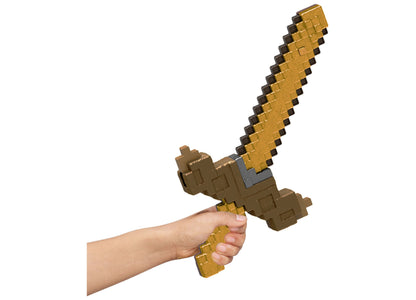 Minecraft Click and Switch Sword and Pickaxe 2-in-1 gold toy weapon held in child's hand