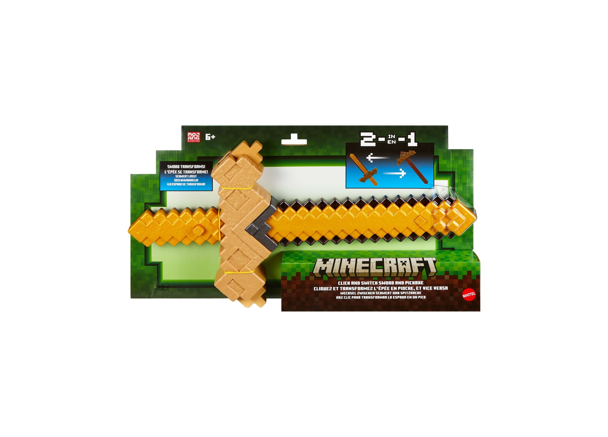 Minecraft Click and Switch Sword and Pickaxe 2-in-1 toy in tan and brown
