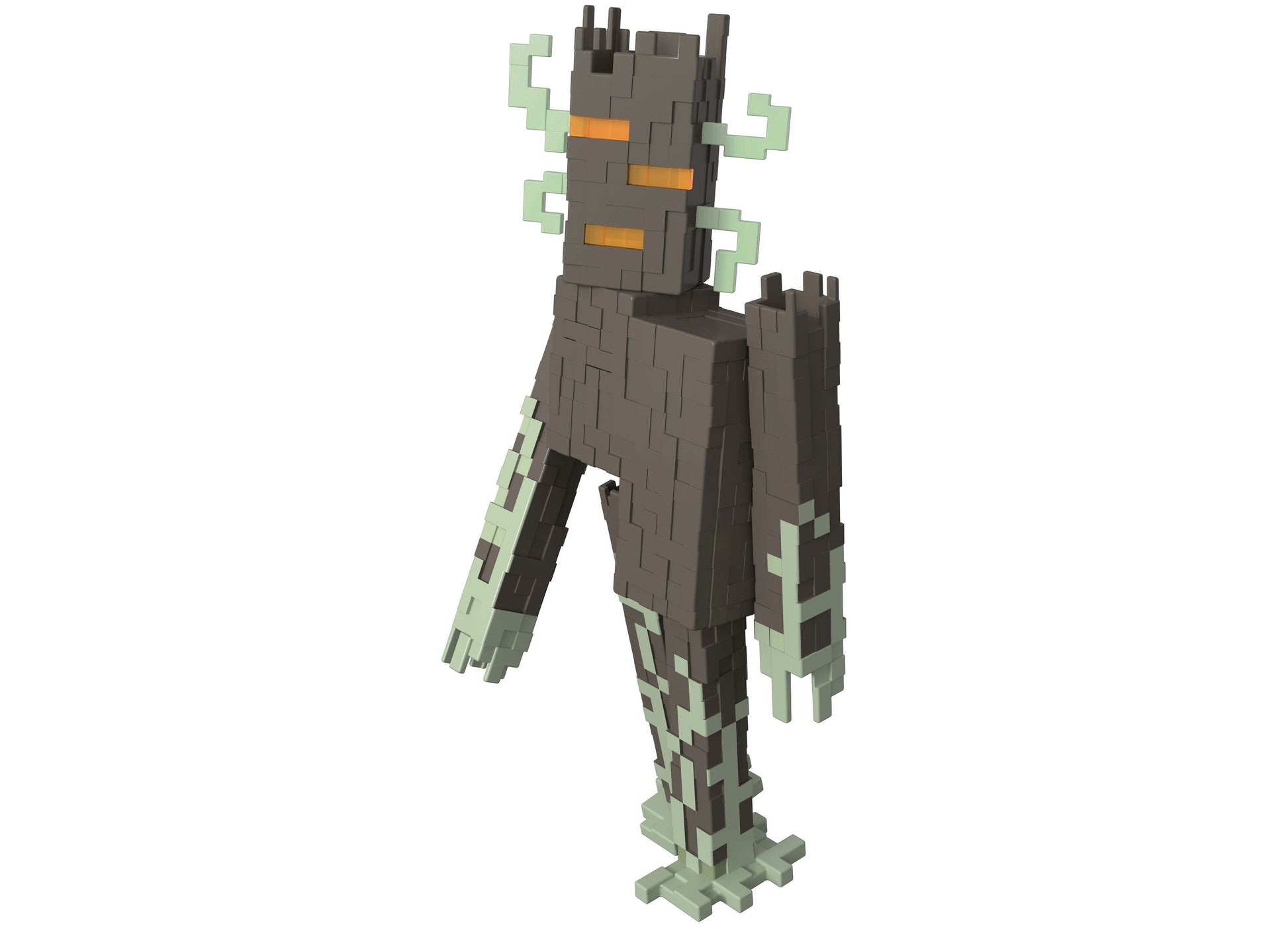Minecraft The Creaking 8-inch action figure with gray body, green limbs, orange eyes and interactive light features