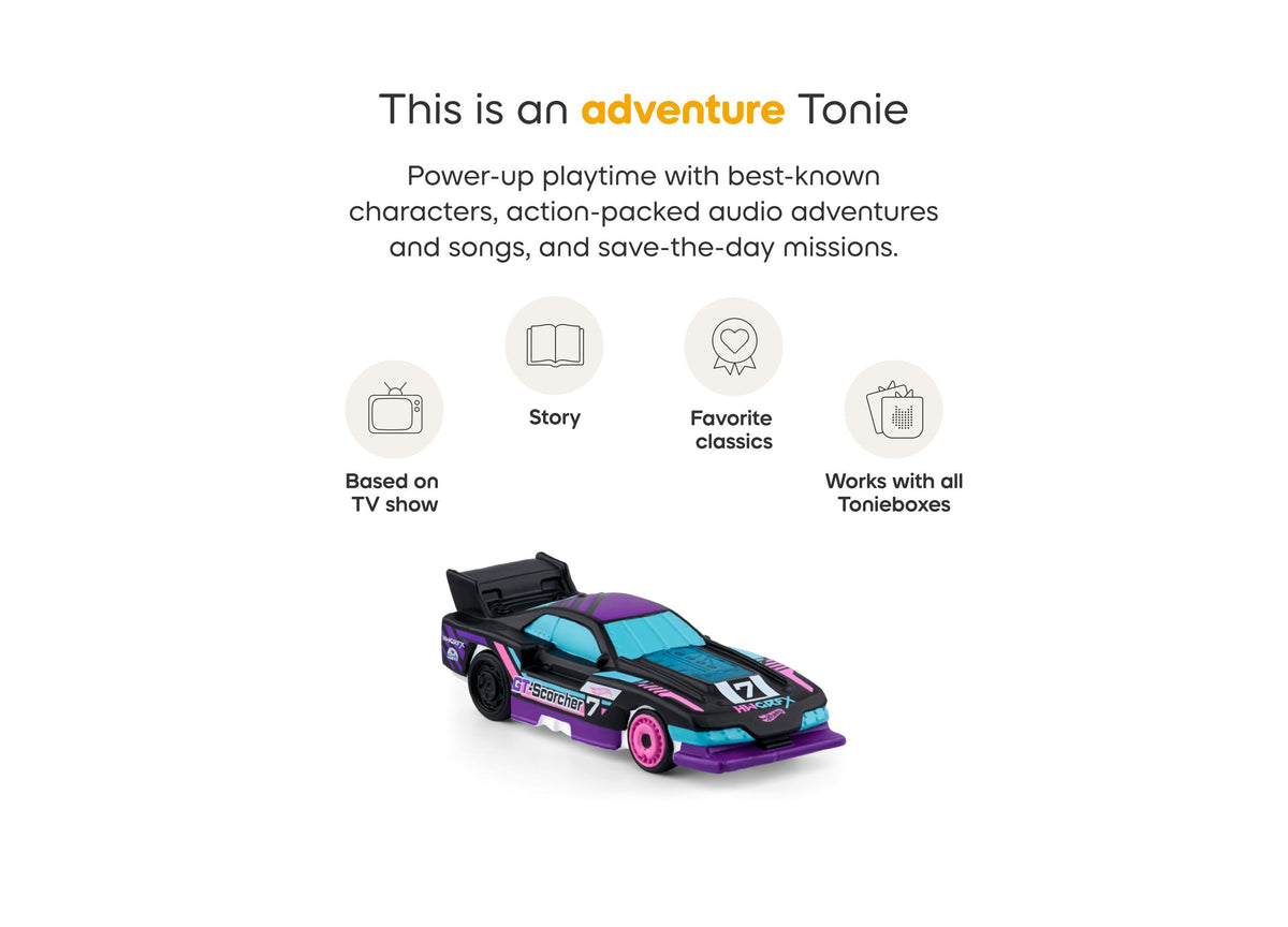 Hot Wheels Let's Race audio figurine in purple, black, and cyan race car design for Tonies