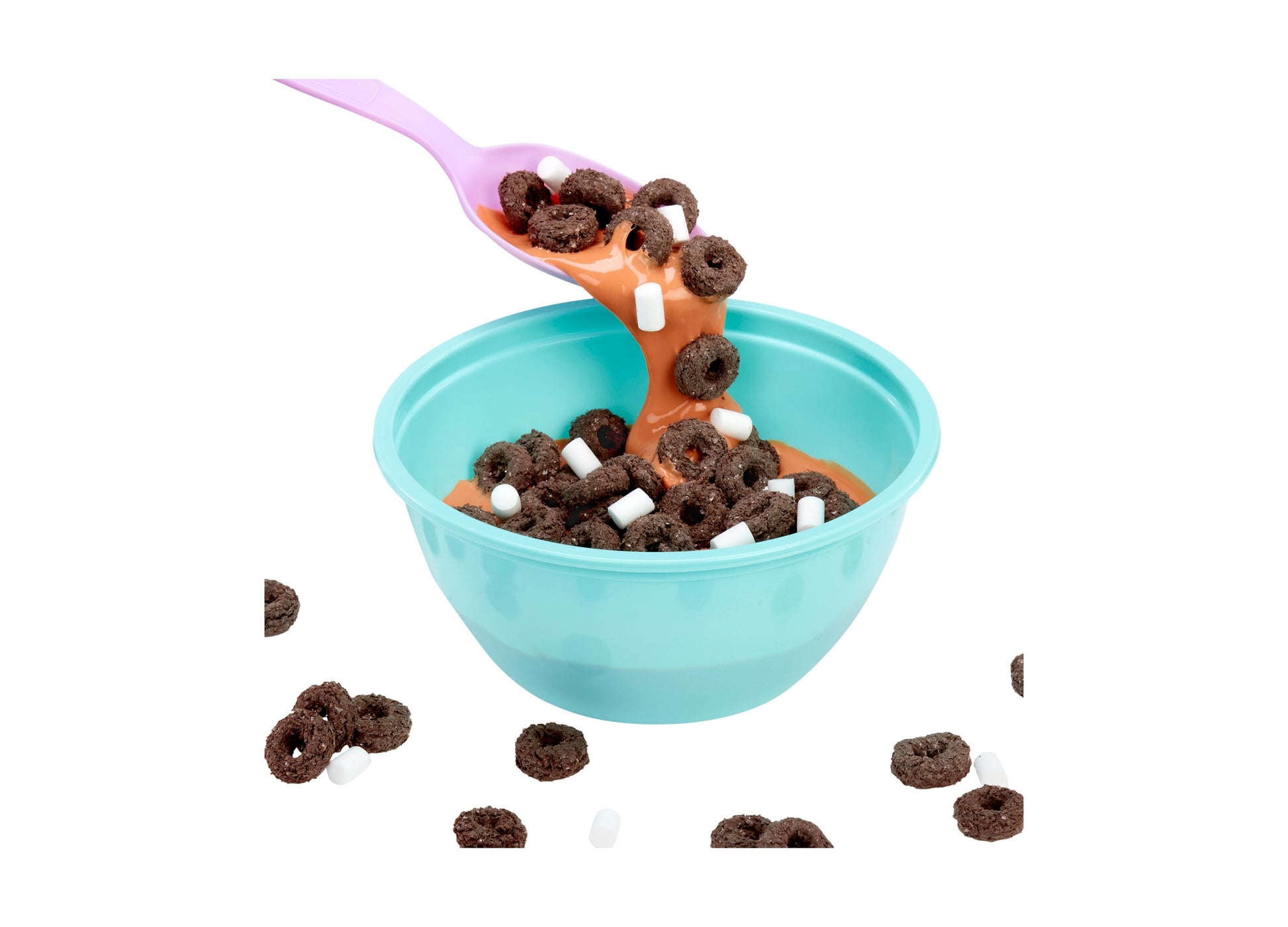 Slime Life Bowl Of Choco Cereal DIY Slime Kit with turquoise bowl, purple spoon, and brown cereal-shaped slime pieces