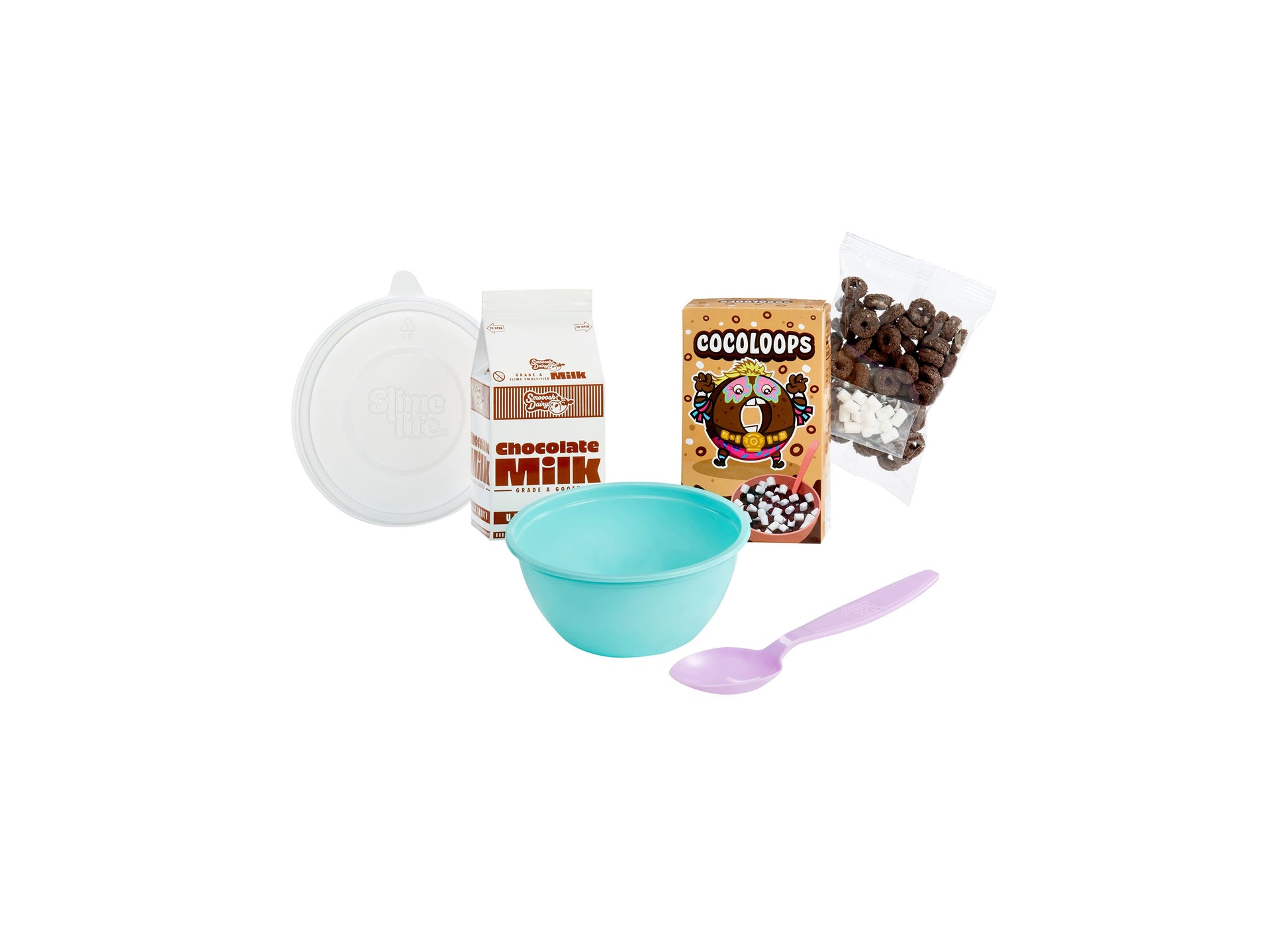 Slime Life Bowl of Choco Cereal DIY Slime Kit with turquoise bowl, chocolate milk, Cocoloops cereal box, and purple s...