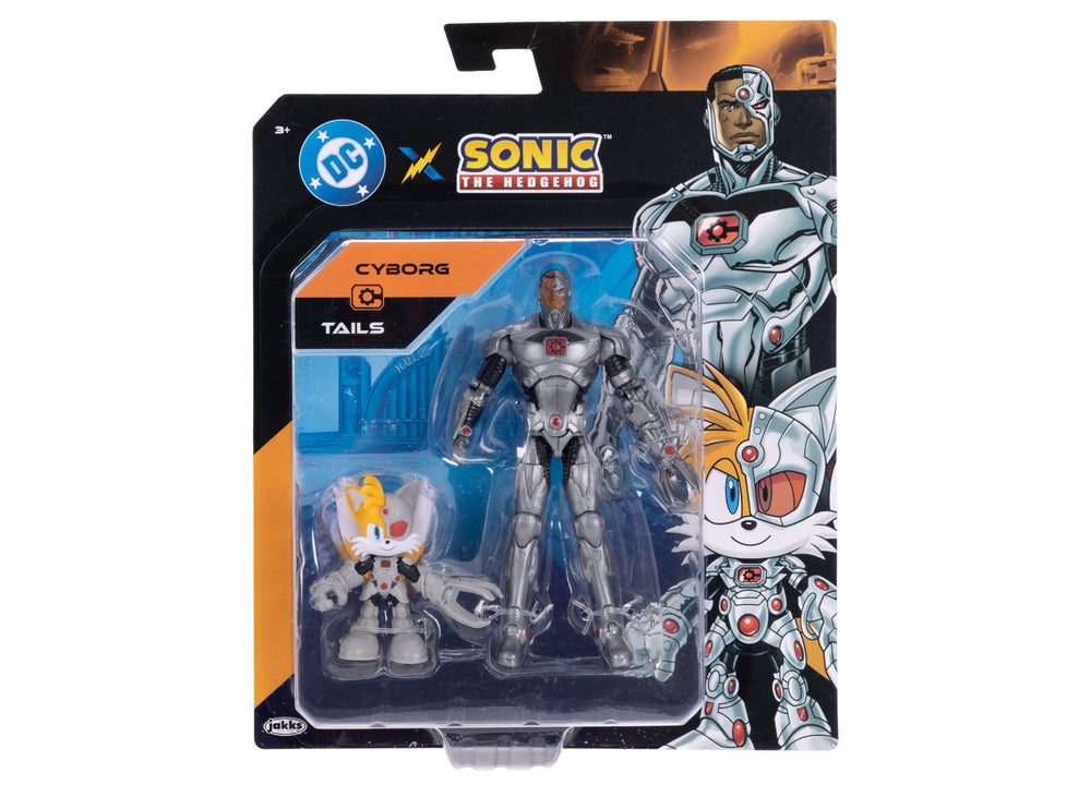 DC x Sonic The Hedgehog Cyborg Tails action figure 6-inch collectible in silver metallic armor with smaller Tails figure, packaged
