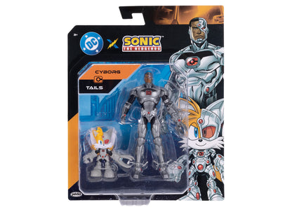 DC x Sonic The Hedgehog Cyborg Tails action figure 6-inch collectible in silver metallic armor with smaller Tails figure, packaged