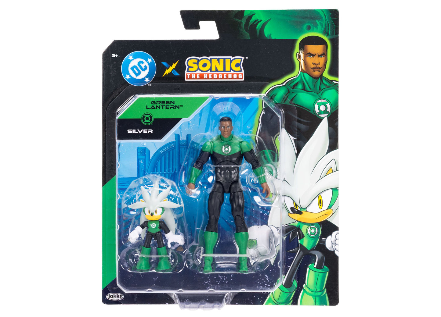 Sonic The Hedgehog x DC Lanterns action figure set showing Green Lantern Silver variant with human figure and Sonic character, both in green and black suits wit