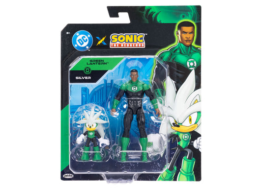 Sonic The Hedgehog x DC Lanterns action figure set showing Green Lantern Silver variant with human figure and Sonic character, both in green and black suits wit
