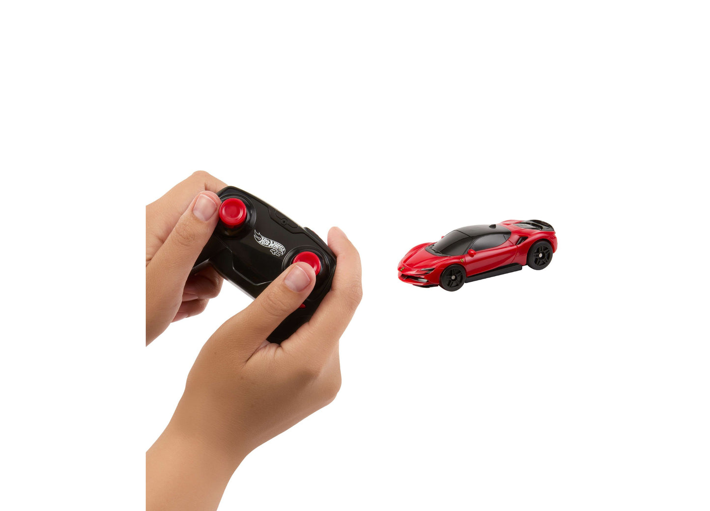 Hot Wheels Ferrari SF90 Stradale remote control car in red with black controller featuring red buttons