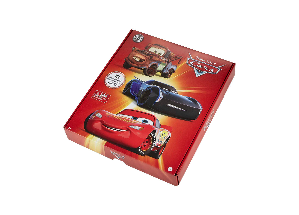 Disney Pixar Cars Mini Racers Die-Cast Vehicle 10-Pack featuring Lightning McQueen, Jackson Storm, and Mater on red p...