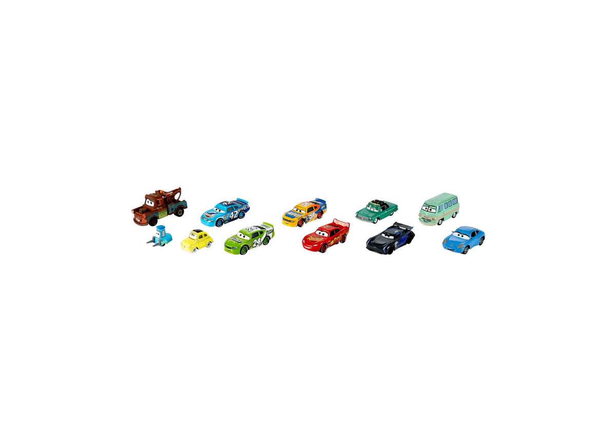 Disney Pixar Cars Mini Racers Die-Cast Vehicle 10-Pack featuring 10 colorful miniature character cars arranged in a line