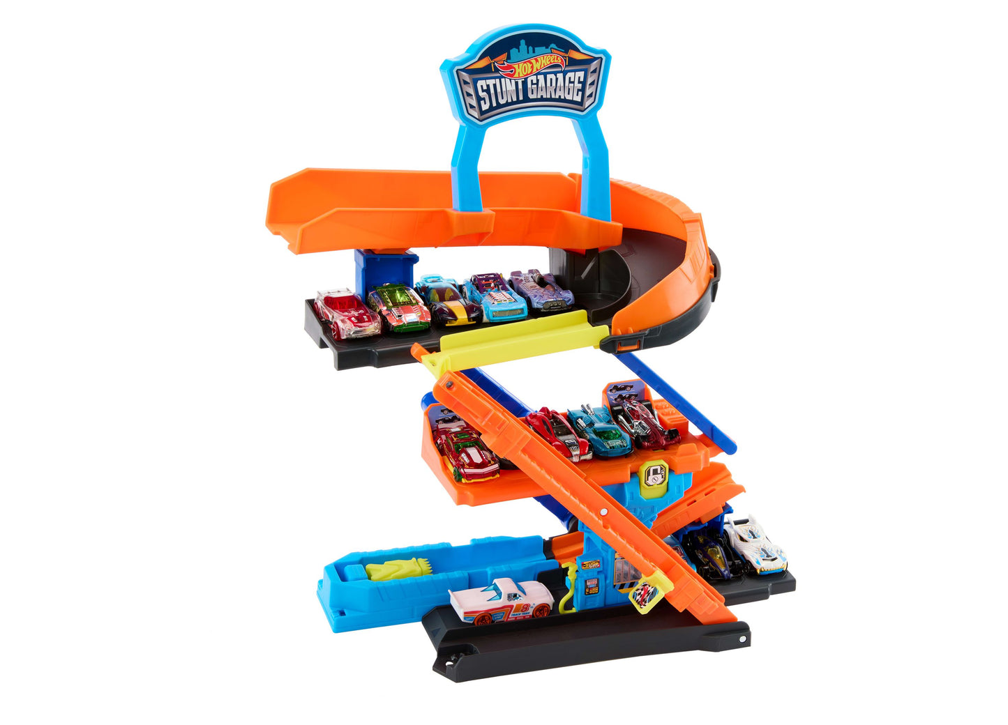 Hot Wheels Stunt Garage Playset with orange ramps, blue base, and die-cast cars