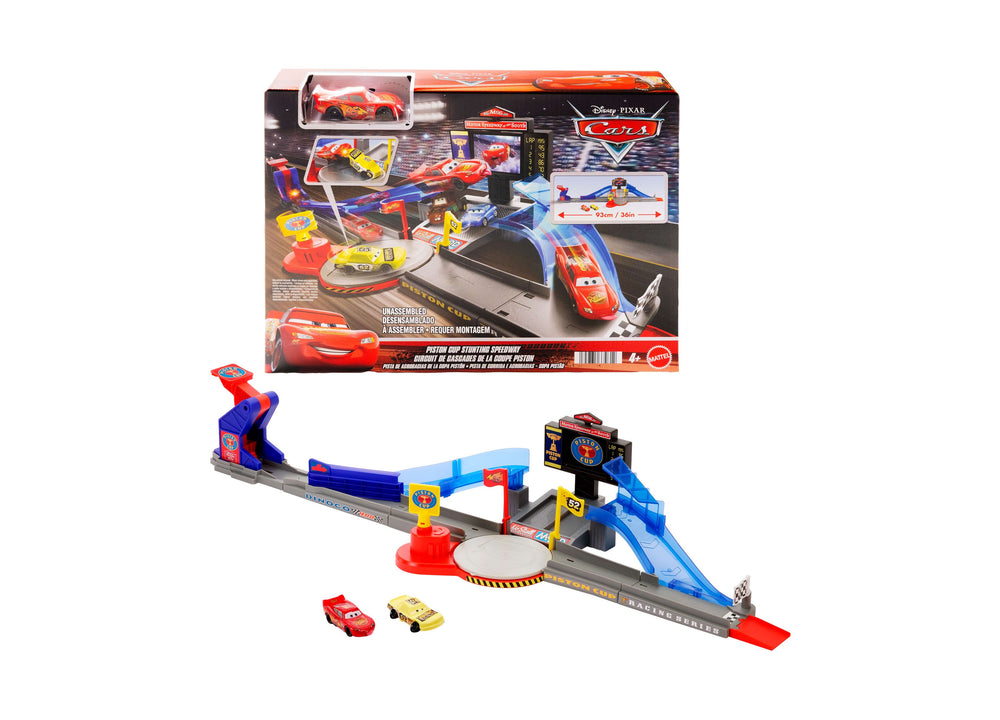 Disney Pixar Cars Stunting Speedway Playset with launcher, ramp, and two die-cast cars included