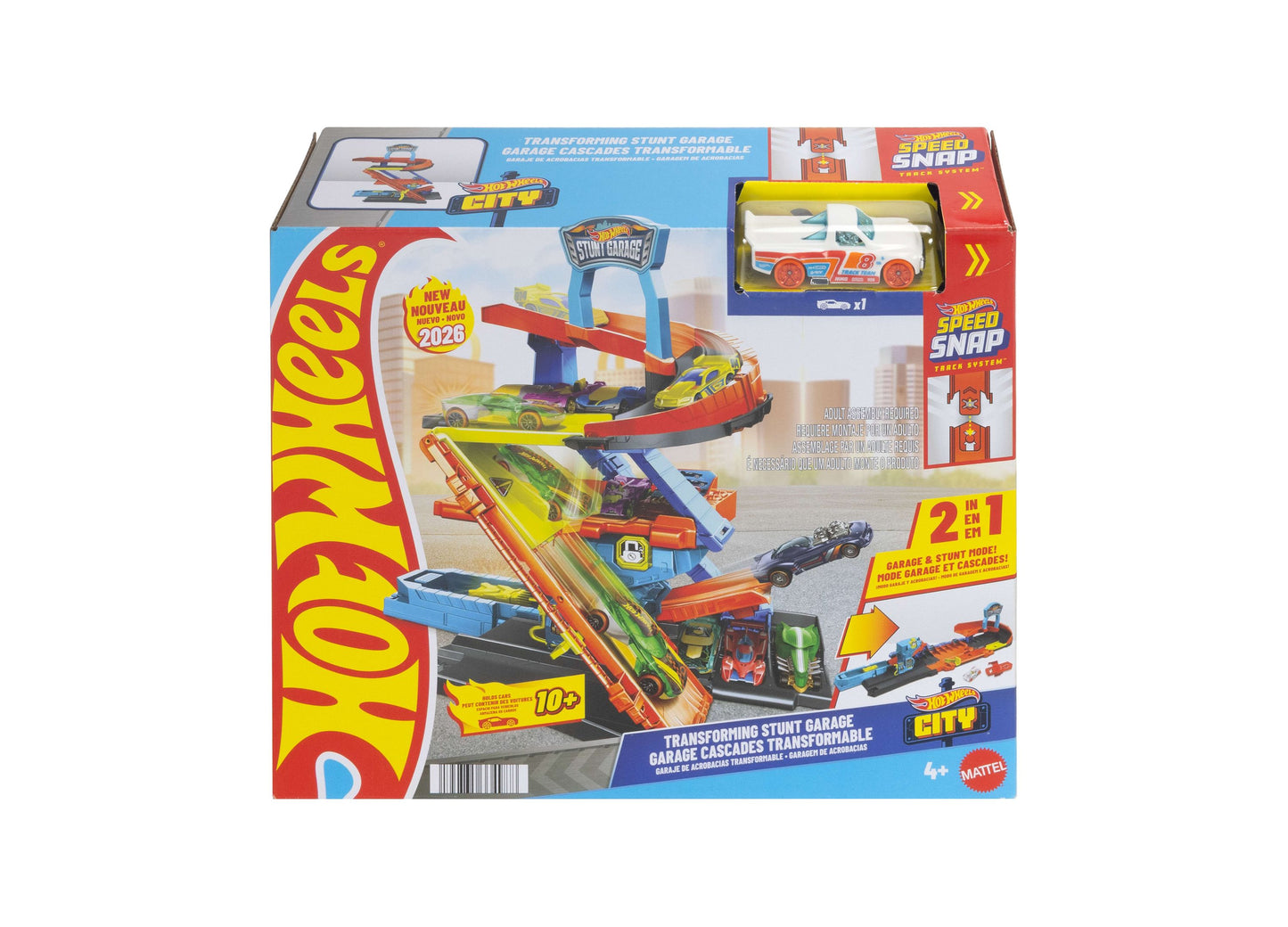 Hot Wheels City Transforming Stunt Garage playset with multi-level orange and blue track, includes die-cast car