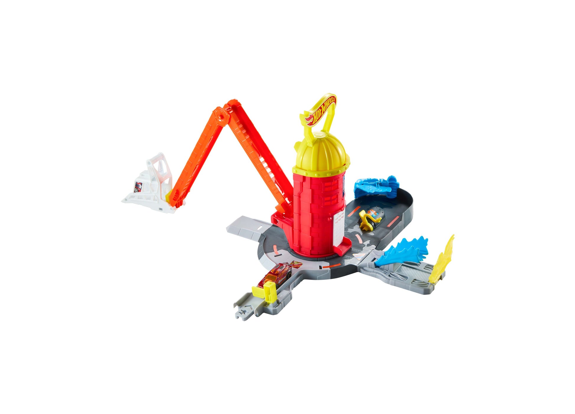Hot Wheels City Super Fire Station Rescue Playset with red tower, crane arm, and yellow track sections