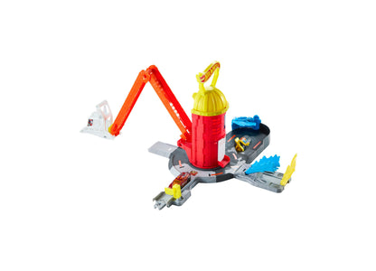 Hot Wheels City Super Fire Station Rescue Playset with red tower, crane arm, and yellow track sections