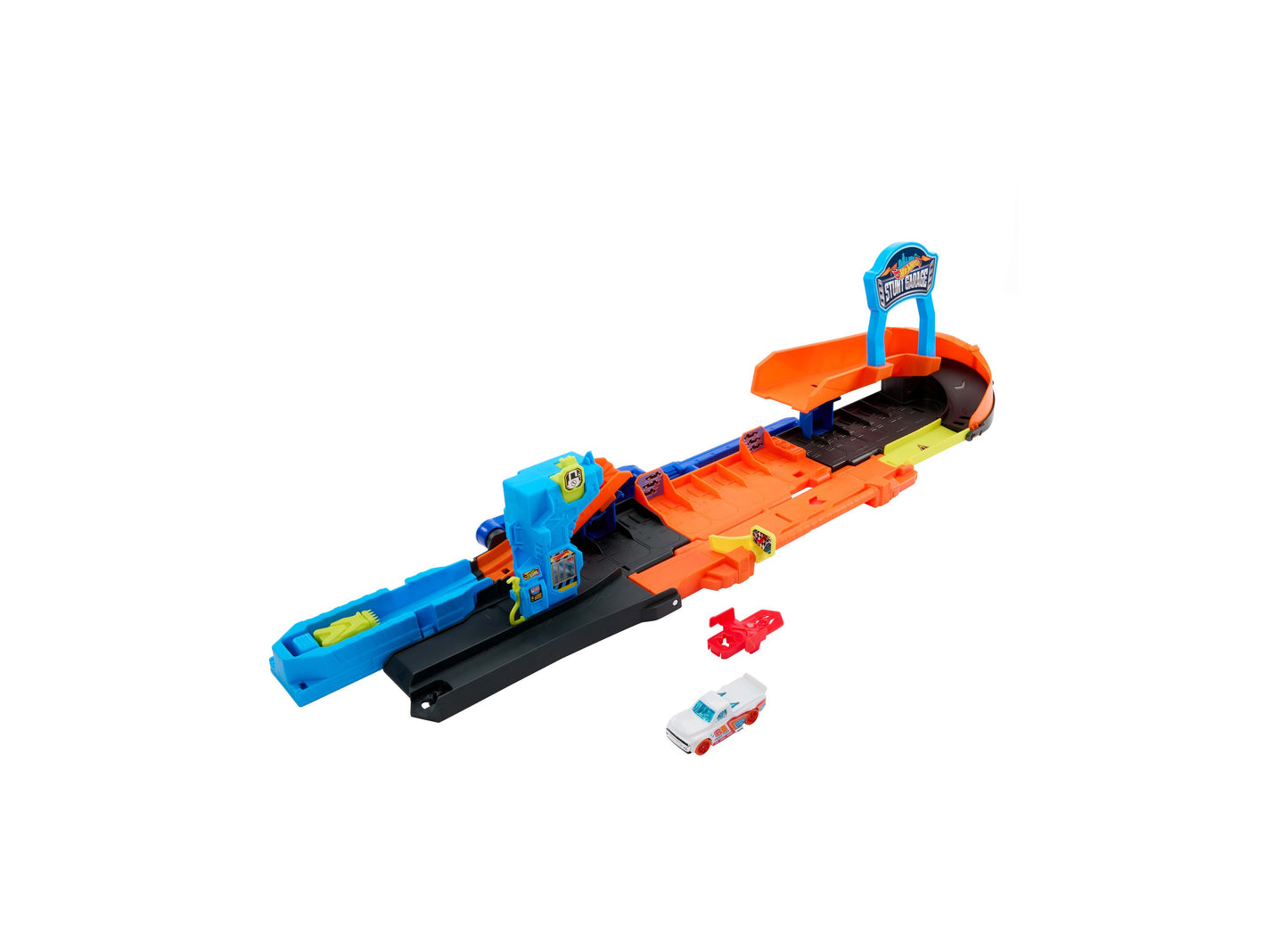 Hot Wheels City Transforming Stunt Garage Playset with blue and orange track, launcher, and die-cast cars