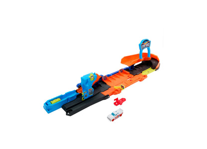 Hot Wheels City Transforming Stunt Garage Playset with blue and orange track, launcher, and die-cast cars