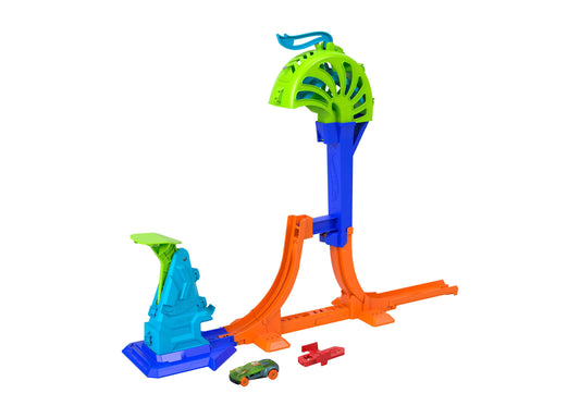 Hot Wheels Stunt Tracks Power Launch Champion Track Set with lime green loop, blue and orange track pieces, and small die-cast cars