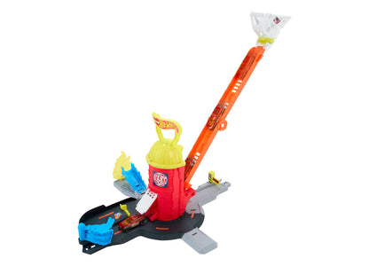 Hot Wheels City Super Fire Station Rescue Playset with red tower and blue launch ramp