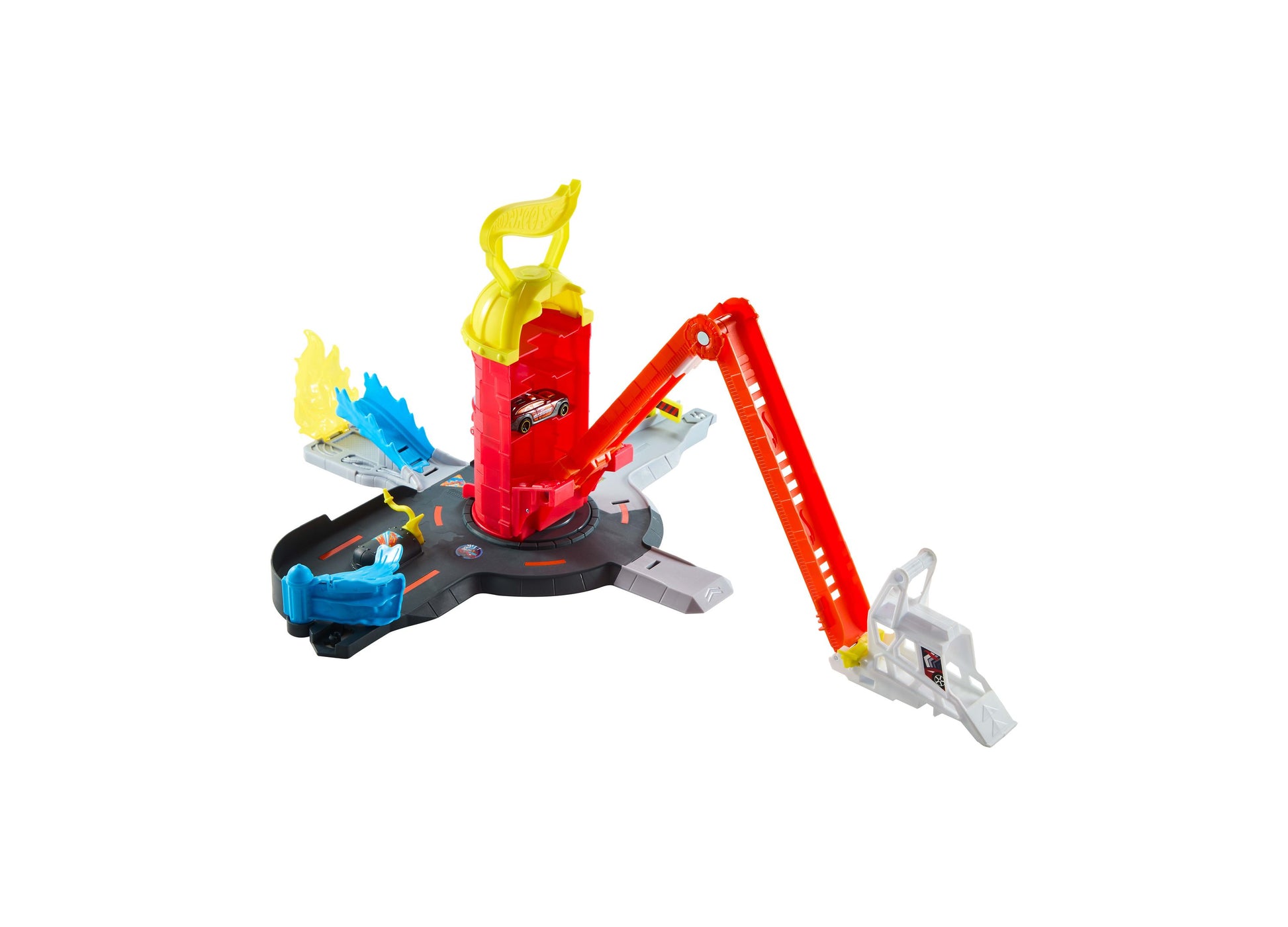 Hot Wheels City Super Fire Station Rescue Playset with red tower, yellow crane, and included die-cast car