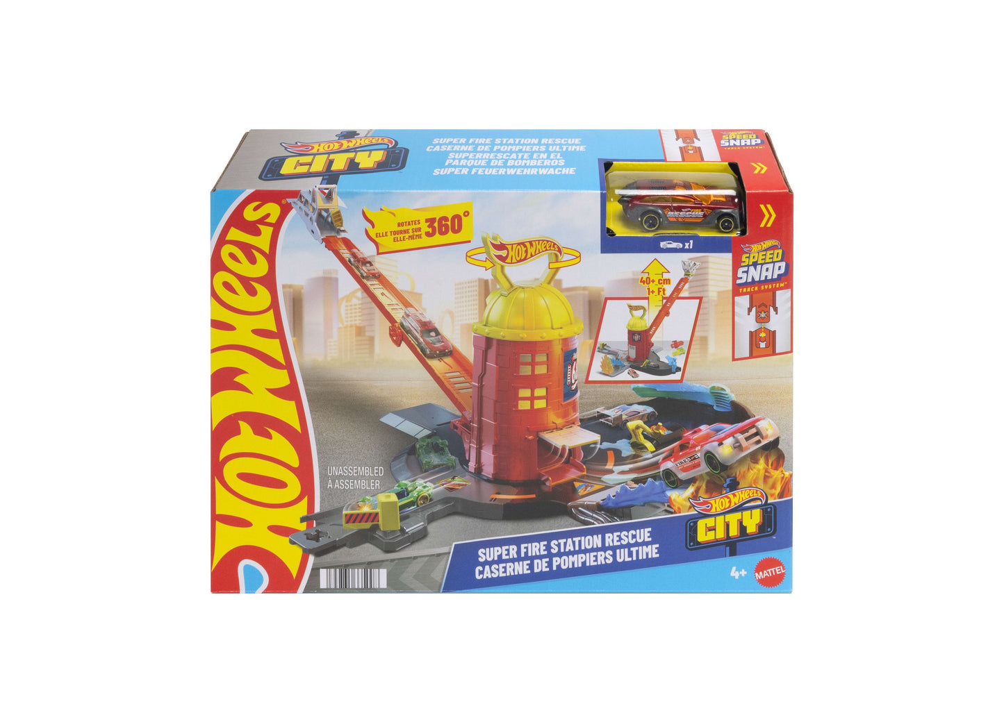 Hot Wheels City Super Fire Station Rescue Playset with red fire station tower, yellow helmet, and die-cast vehicles
