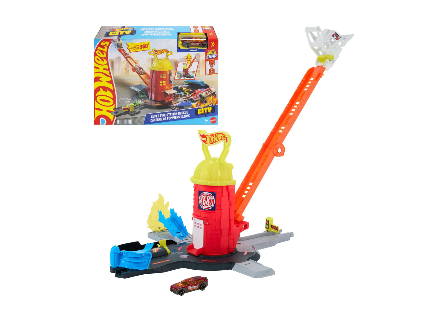 Hot Wheels City Super Fire Station Rescue Playset with red fire station tower, blue launcher, and die-cast car
