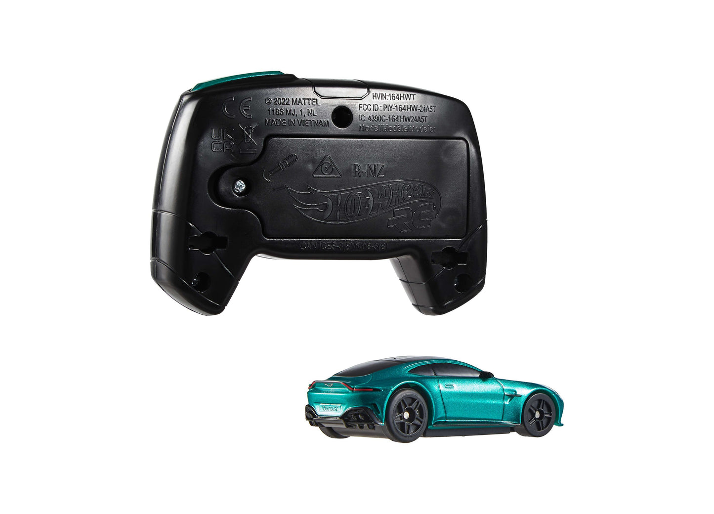 Hot Wheels Aston Martin Vantage RC car with turquoise body and black remote control