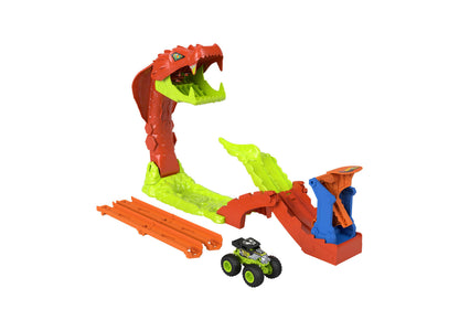 Hot Wheels Monster Trucks Snake Slam Takedown Playset with red serpent, lime green track, and toy vehicle
