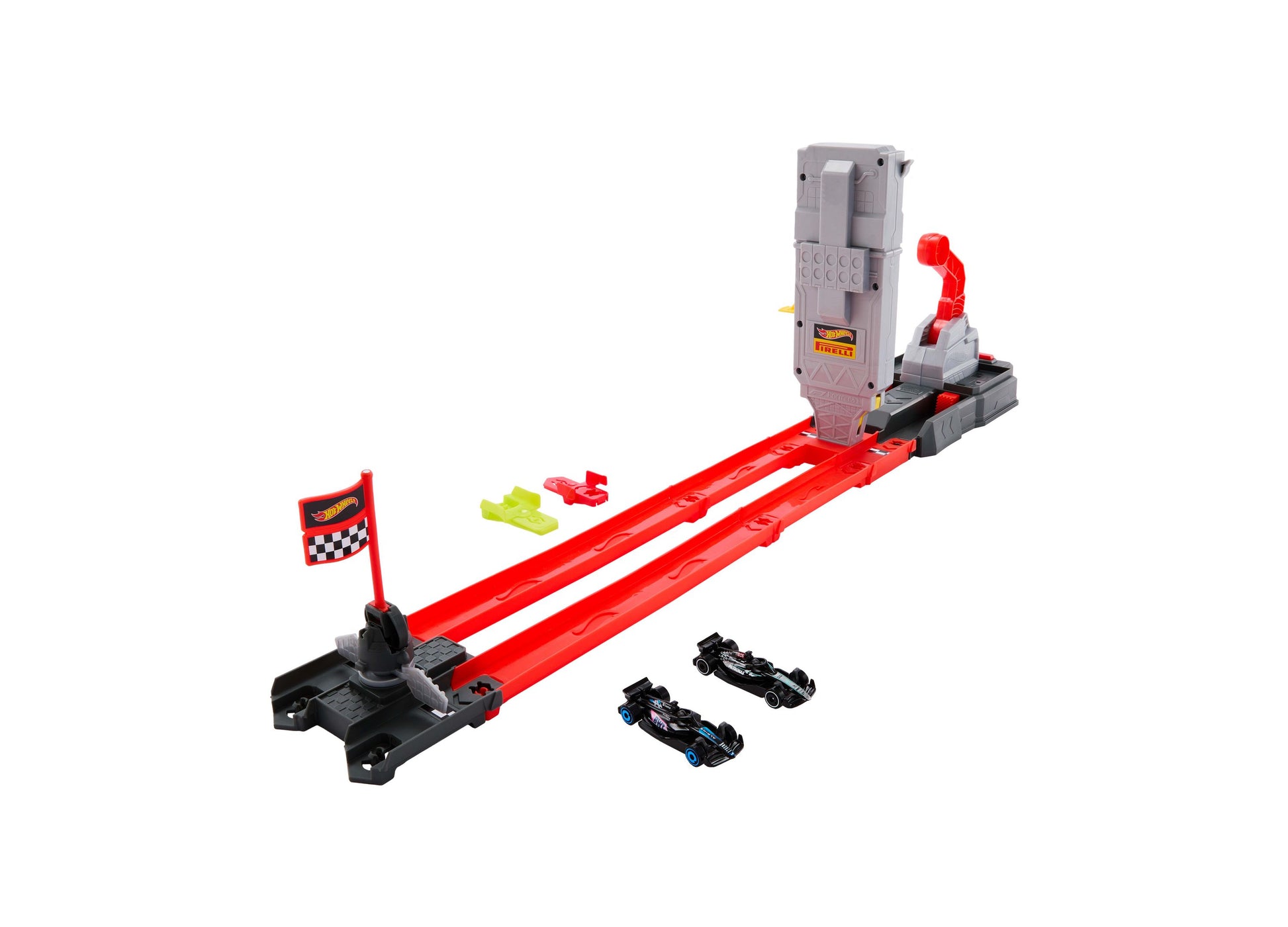 Hot Wheels Racing Formula 1 Grid Start Track Set with red track, two black race cars, and launcher