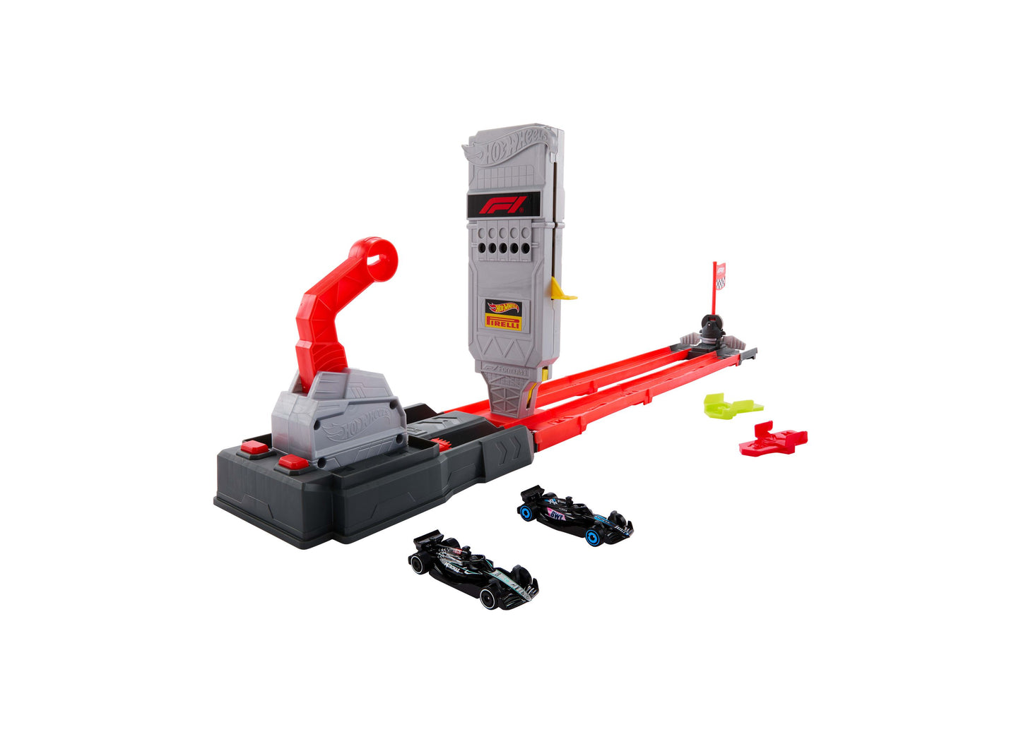 Hot Wheels Racing Formula 1 Grid Start Track Set with red launcher, gray tower, and two black race cars
