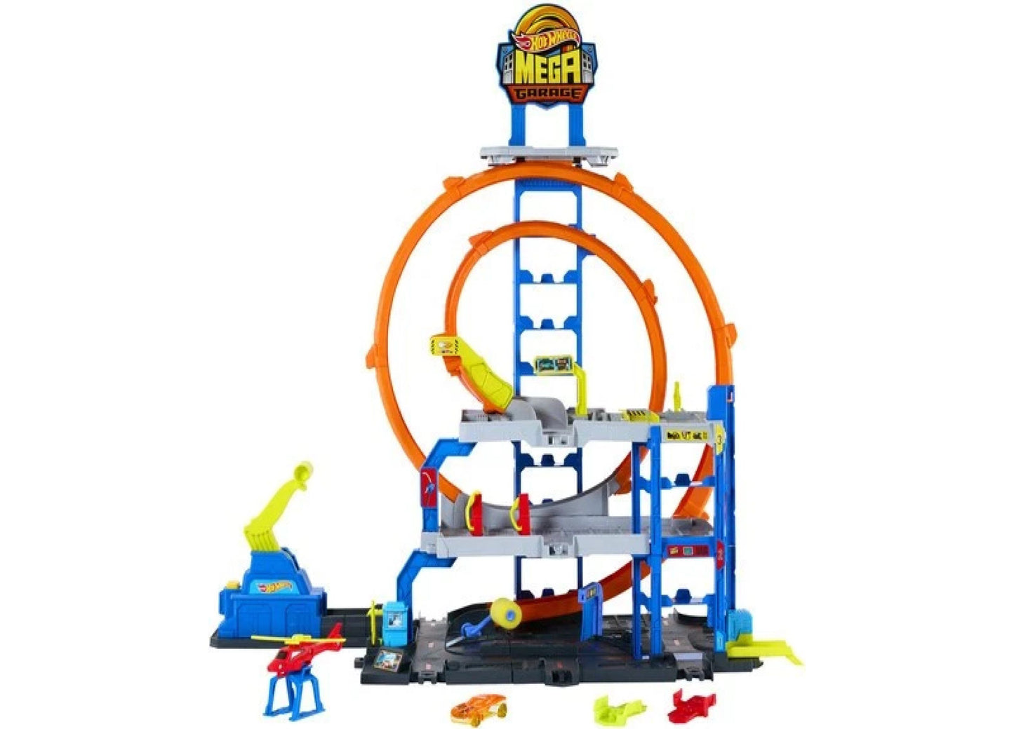 Hot Wheels Mega Garage playset with orange loop tracks, blue tower structure, multiple levels, and included die-cast cars on plain background