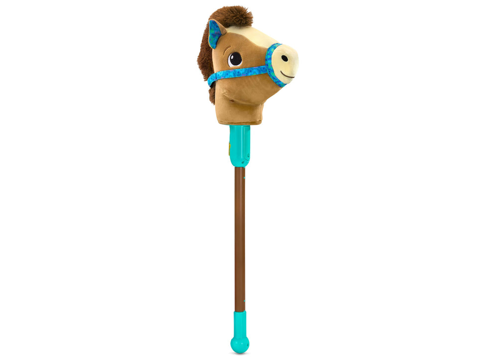 VTech Gallop & Giggle Horse toy with tan body, brown mane, blue halter and turquoise stick handle